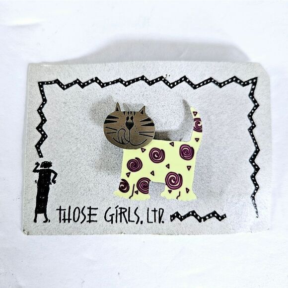 Vintage NWT Those Girls LTD Abstract Metal Hand Painted Swirly Cat Pin Brooch - Picture 2 of 6